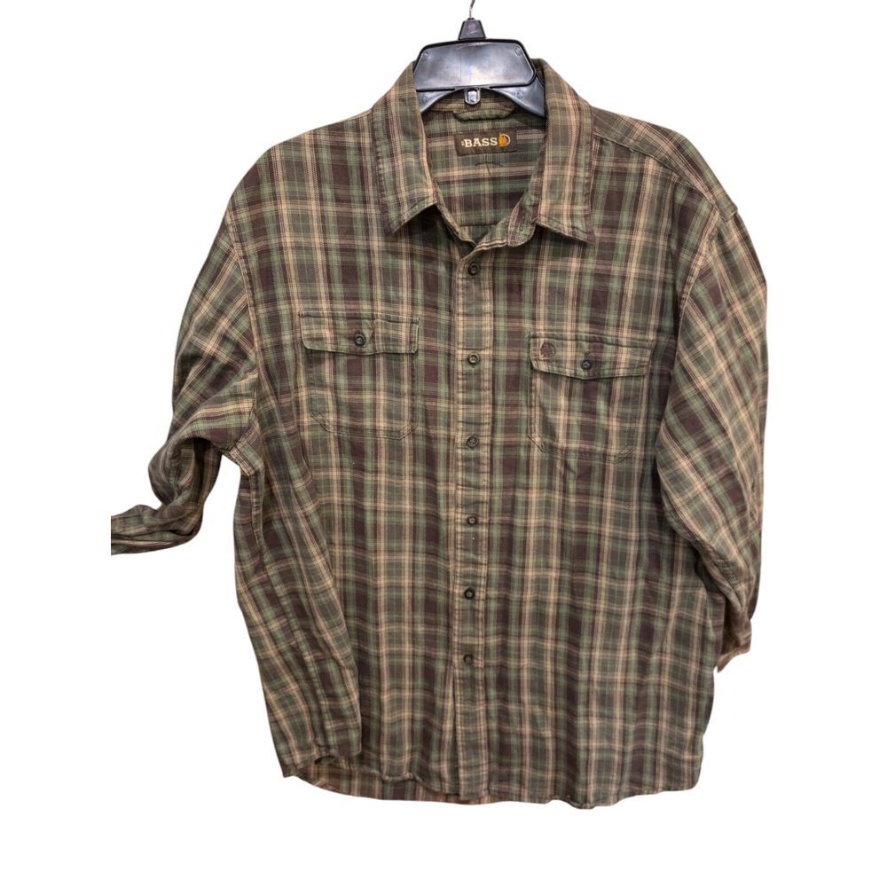 GH Bass & Co Olive‎ Green Plaid Heavy Cotton Large Button Up